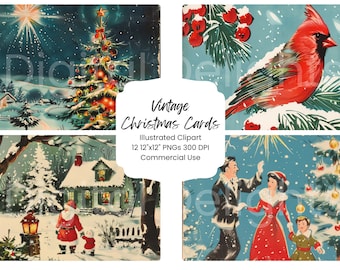 May include: A set of four vintage Christmas card illustrations. The images include a snowy winter scene with a house and a Christmas tree, a red cardinal on a snowy branch, a family standing in front of a Christmas tree, and a snowy scene with Santa Claus and a child.