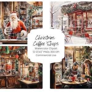 Christmas Coffee Shop Watercolor Clipart: Holiday PNG Bundle (Digital Download)