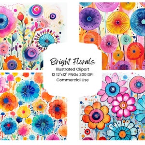 Bright Florals digitale papierbundel 12 JPEG Bright Fun aquarel bloem achtergronden afdrukbaar papier scrapbooking papier ambachten DIY Journal