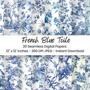 Franse blauwe Toile de Jouy naadloze digitale papier afdrukbare Vintage bloemmotief Scrapbooking ongewenste Journal Instant Download kaart maken