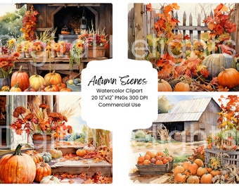 May include: Four watercolor paintings depicting autumn scenes. The first image shows a wooden stand with pumpkins and fall flowers. The second image shows a wooden fence with pumpkins and fall leaves. The third image shows a porch with pumpkins and fall leaves. The fourth image shows a barn with pumpkins and fall leaves. The text "Autumn Scenes Watercolor Clipart 20 12"x12" PNGs 300 DPI Commercial Use" is in the center of the image.