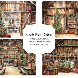 Christmas Barn Clipart Watercolor Digital Paper Bundle PNG Holiday Country Red Journal Pages Craft Scrapbook Background Festive Party