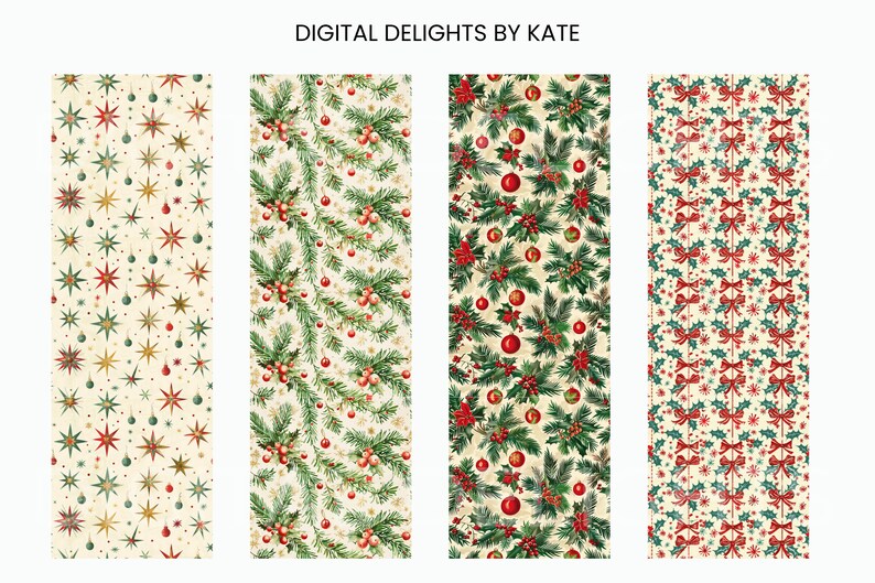 Retro festive poster collection for entryway — 20 seamless Christmas patterns with ornaments, bows, and cardinal accents