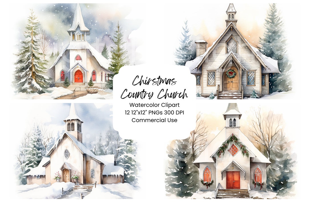 Country Christmas Church Clipart Watercolor Digital Paper Bundle 12 PNG