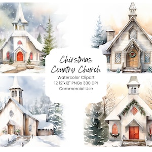 País Natal Igreja Clipart Aquarela Pacote de papel digital 12 PNG Feriado Vermelho Inverno Diário Páginas Artesanato Fundo de álbum de recortes Neve