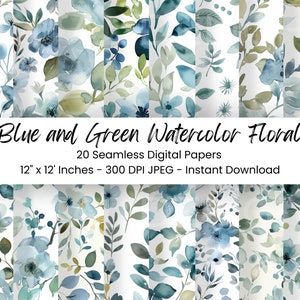 Blue & Green Watercolor Floral Paper: Seamless Scrapbook Patterns (Digital Download)