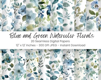 Blue & Green Watercolor Floral Paper: Seamless Scrapbook Patterns (Digital Download)