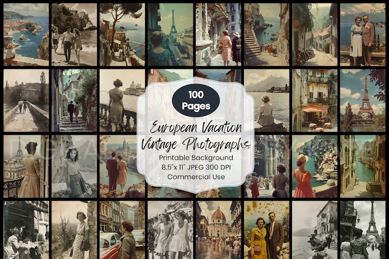 Mid-century European travel printable journal pages pack — faded vintage photography scrapbook ephemera for junk journaling