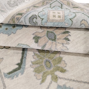 Modern Light Pink and Blue with Green Accent Oushak Persian Rug in Hand Knotted Wool Rug for Living Room Rug 8×10 Area Rug 9x12,10x14 Rug.