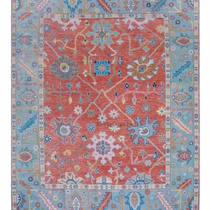 8x10 Size Ready to Ship Orange Blue Persian Oushak Hand Knotted Wool Rug with Blue Accent in 9x12,8x10 Area Rug for Living Room Rug.