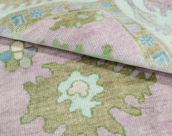 Pastel Oushak Persian Knot Rug in Pink and Silver with Green Accent for Living Room Rug and Home Decor in 8×10,9x12,10x14 Area Rug.