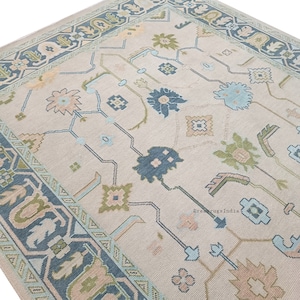 Pastel Pink and Blue with Green Accent Oushak Persian Knot Rug in Hand Knotted Wool Rug for Living Room Rug in 8×10,9x12,10x14 Area Rug.