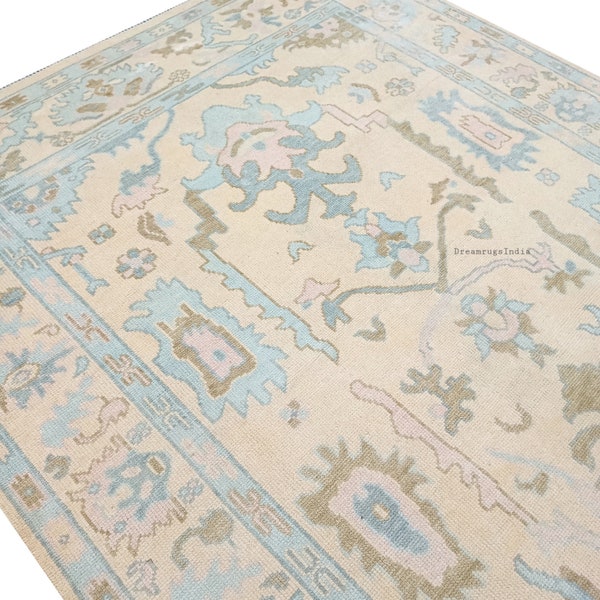 Pastel Cream and Blue with Pink Accent Oushak Persian Knot Rug in Hand Knotted Wool Rug for Living Room Rug in 8×10,9x12,10x14 Area Rug.