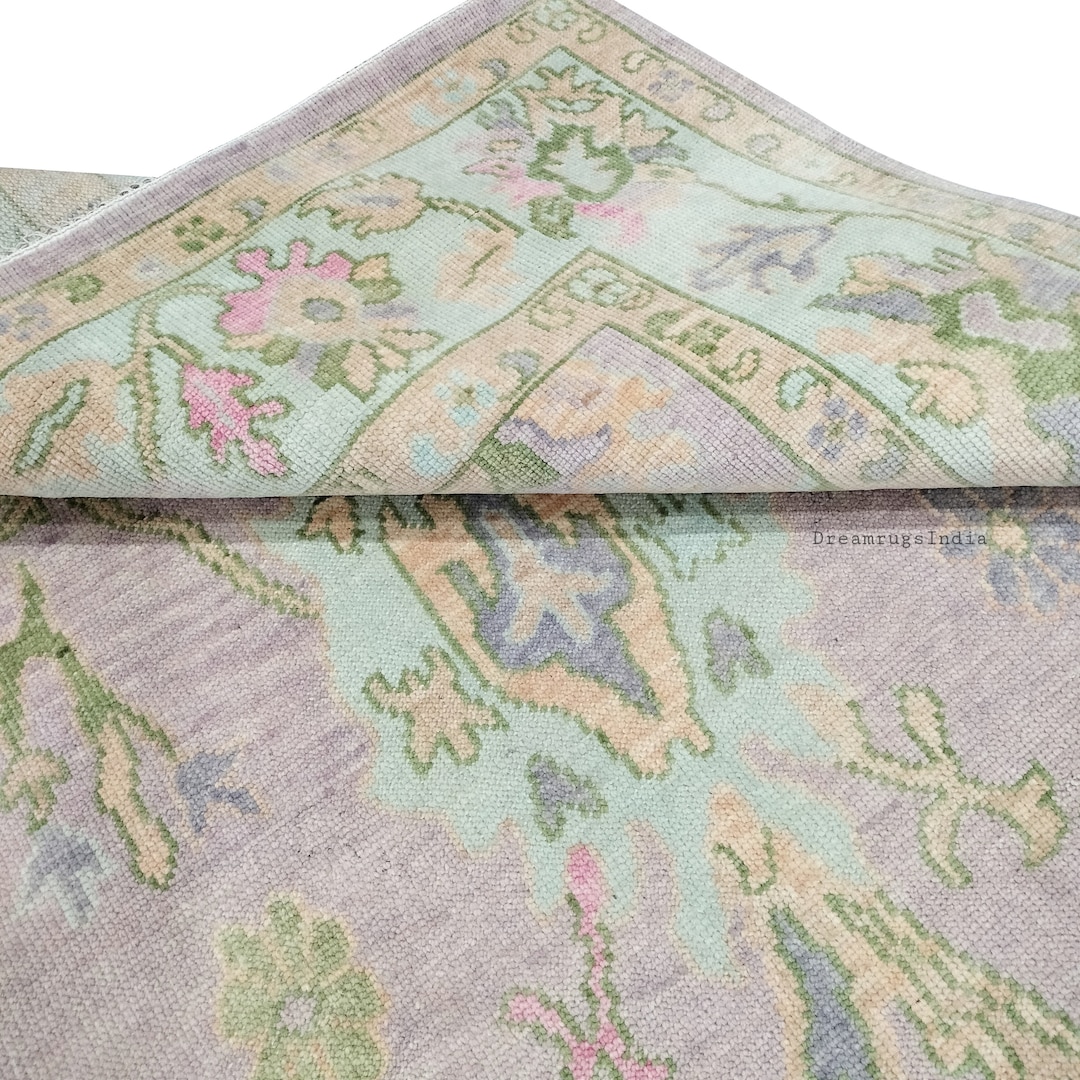 Pastel Pink and Green With Yellow Accent Oushak Persian Knot Rug in