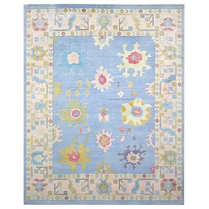 Premium Quality Oushak Rug in Blue and Pink Faded Color with Pink and Green Accent in 9x12,8x10 Modern Hand Knotted Wool Area Rug.