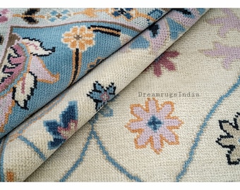 9x12 Size Ready to Ship Beautiful Designer Persian Oushak Hand Knotted Wool Rug in Cream and Blue Modern Rug in 8x10,9x12 Area Rug.