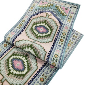 Premium Quality Runner Oushak Rug in Pink and Blue with Green Accent Modern Hand Knotted Wool Rug for Living Room Rug in 9x12,8x10 Area Rug.