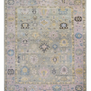 Tapete persa moderno de lã Oushak feito à mão, tamanho 9x12, pronto para envio, fundo verde com cor rosa desbotada para sala de estar, tamanho 9x12.