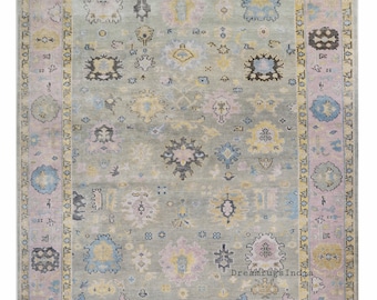 9x12 Size Ready to Ship Modern Persian Oushak Hand Knotted Wool Rug Green Background with Pink Faded Color for Living Room Rug in 9x12 Rug.