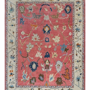 10x14 Size Ready to Ship Oushak Pink and Cream Hand Knotted Wool Rug with Floral Design in 10×14,8x10,9x12 Area Rug for Living Room Rug.
