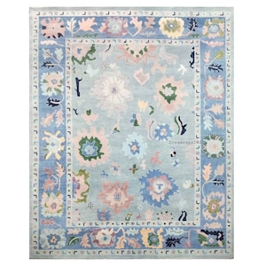 Light Blue and Blue with Pink Accent Oushak Persian Rug in Hand Knotted Wool Rug for Living Room Rug in 8×10,9x12,10x14 Area Rug.