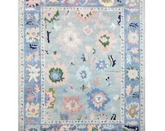 Light Blue and Blue with Pink Accent Oushak Persian Rug in Hand Knotted Wool Rug for Living Room Rug in 8×10,9x12,10x14 Area Rug.