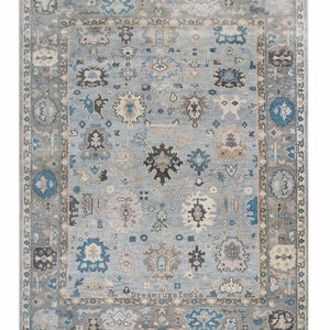 May include: A blue and gray patterned rug with a border of intricate designs. The rug has a faded, vintage look and features a central medallion.