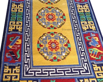 Tibetan Hand Knotted Rug in Yellow and Blue with Red Accent Himalayan Wool Rug for Living Room and Bedroom Rug in 3x6 Area Rug.