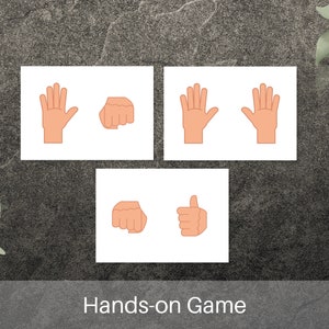 May include: Three white cards with illustrations of hands in different positions: open palm, fist, and thumbs up. The text "Hands-on Game" is printed at the bottom of the image. The background is a dark gray, textured surface.