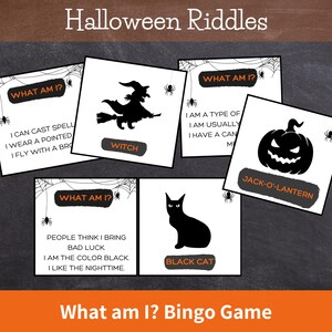 Puede incluir: Un juego de bingo con temática de Halloween con tarjetas que presentan acertijos e ilustraciones. Las tarjetas incluyen una bruja, un gato negro y una calabaza. El texto "What am I?" y "Halloween Riddles" también son visibles.
