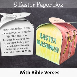 May include: Two Easter paper boxes with Bible verses. One box is white with a Bible verse, the other is yellow and red with the words "Easter Blessings!" and a cross design. The text "8 Easter Paper Box" is at the top.