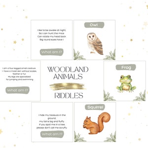 Riddles - What am I Game. Woodland Animals. Party riddles. Educational riddles. Matching cards. Fun party games for kids. Kids Game