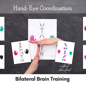 May include: A collection of white cards with hand-eye coordination exercises. Each card features geometric shapes, lines, and hand illustrations in pink, black, and teal. The text "Hand-Eye Coordination" and "Bilateral Brain Training" are displayed.