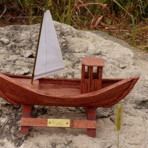 Handcrafted Oak Model 'Mette', wheelhouse sailing craft with sail and lines