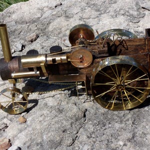 Handcrafted Oak And Brass Steam Tractor model
