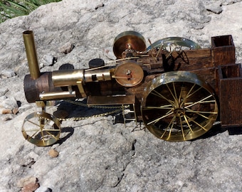 Handcrafted Oak And Brass Steam Tractor model