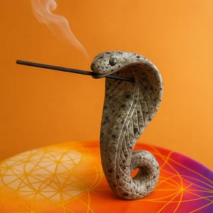 Può includere: Un porta incenso a forma di cobra in pietra grigia con un bastoncino di incenso nero. Il cobra presenta macchie nere e si trova su una superficie a motivi colorati su sfondo arancione. Il fumo si alza dall'incenso.