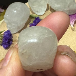 May include: A collection of small, translucent quartz crystal skull figurines. One skull is held between fingers, with others arranged nearby. The skulls are carved with detailed features and have a polished appearance. Purple flowers are scattered around the skulls.