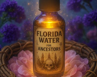 Pode incluir: Um frasco de spray de vidro azul com um rótulo escrito FLORIDA WATER FOR ANCESTORS, apresentando uma ilustração de caveira e velas. O frasco está dentro de uma coroa de galhos trançados preenchida com pétalas de flores rosa claro.