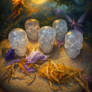 May include: A fantasy art print featuring six translucent skulls arranged on a stone surface, with colorful flowers and a full moon in the background. A fairy and a dragon are also visible in the night sky. The artwork has a mystical theme.