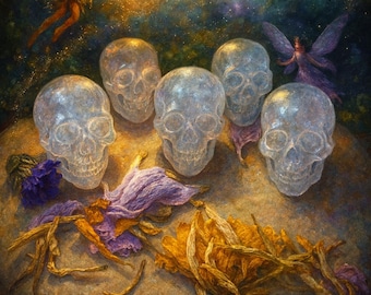 May include: A fantasy art print featuring six translucent skulls arranged on a stone surface, with colorful flowers and a full moon in the background. A fairy and a dragon are also visible in the night sky. The artwork has a mystical theme.