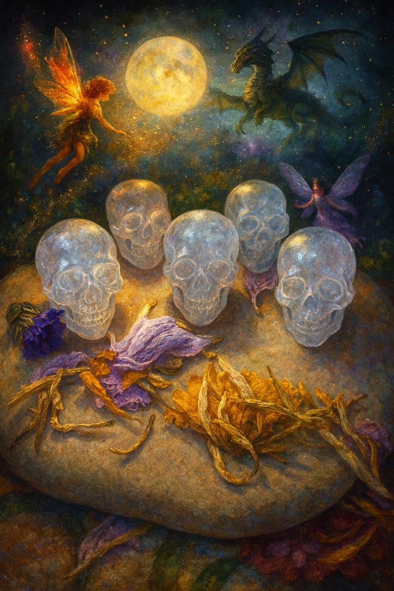 May include: A fantasy art print featuring six translucent skulls arranged on a stone surface, with colorful flowers and a full moon in the background. A fairy and a dragon are also visible in the night sky. The artwork has a mystical theme.