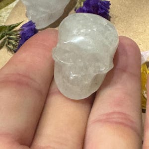 May include: A clear, carved crystal skull is held in a hand. The skull is detailed with eye sockets, a nose, and a jawline. The crystal is translucent, and the skull is resting on a surface with purple flowers.