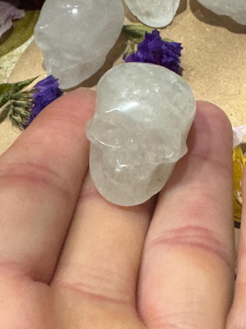 May include: A clear, carved crystal skull is held in a hand. The skull is detailed with eye sockets, a nose, and a jawline. The crystal is translucent, and the skull is resting on a surface with purple flowers.