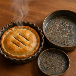 Puede incluir: Una tarta recién horneada en un plato de cerámica gris acanalado, con vapor saliendo. También hay dos platos de cerámica gris adicionales con diseños florales en relieve, creando una estética rústica. La corteza de la tarta es dorada.