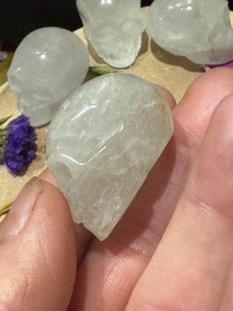 May include: A hand holding a translucent, light-colored crystal skull. Several other crystal skulls are visible in the background, along with purple dried flowers. The skulls have a smooth, polished appearance, suggesting they are carved from quartz or a similar stone.