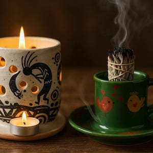 Puede incluir: Un portavelas de cerámica color crema con un diseño Kokopelli negro y una vela encendida. Una pequeña vela de té encendida está al frente. Una taza verde con diseños de pájaros contiene un manojo de salvia ardiente, con humo.