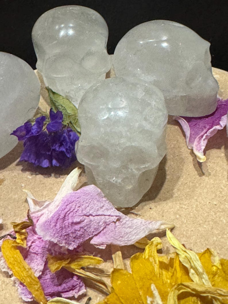 May include: Four clear quartz crystal skull figurines. The skulls are surrounded by dried purple, pink, and yellow flower petals. The skulls are on a light brown surface.