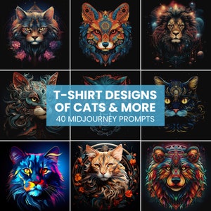 40 Midjourney prompts t-shirt designs with Midjourney prompts, animal digital art made easy, Midjourney AI art, how to make t-shirt designs