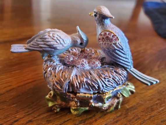 Birds with Eggs on Nest Trinket Box w/Swarovski C… - image 2